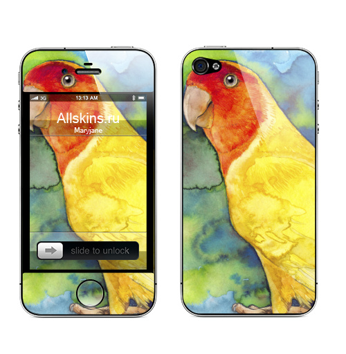 Наклейка на Телефон Apple iPhone 4S, 4 Розовощекий попугайчик,  купить в Москве – интернет-магазин Allskins, природа, птицы, экзотика, желтый, красный, зеленые, джунгли, листья