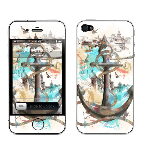 Наклейка на Телефон Apple iPhone 4S, 4 Морской волк,  купить в Москве – интернет-магазин Allskins, отдых, птицы, пейзаж, морская, якорь
