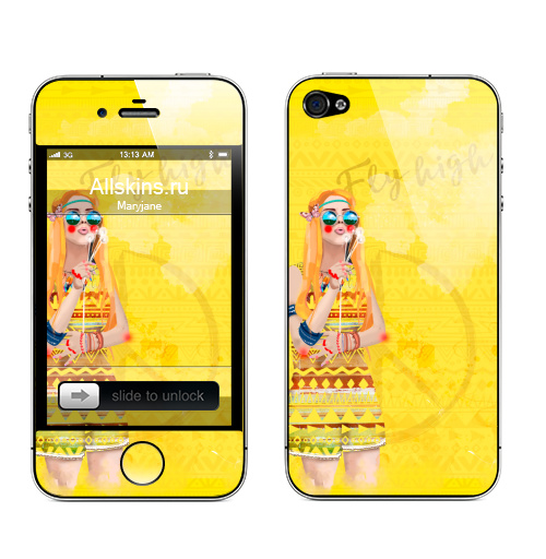 Наклейка на Телефон Apple iPhone 4S, 4 Девушка Хиппи,  купить в Москве – интернет-магазин Allskins, девушка, лето, желтый, оранжевый, хиппи, очки, рыжая, любовь, солнце