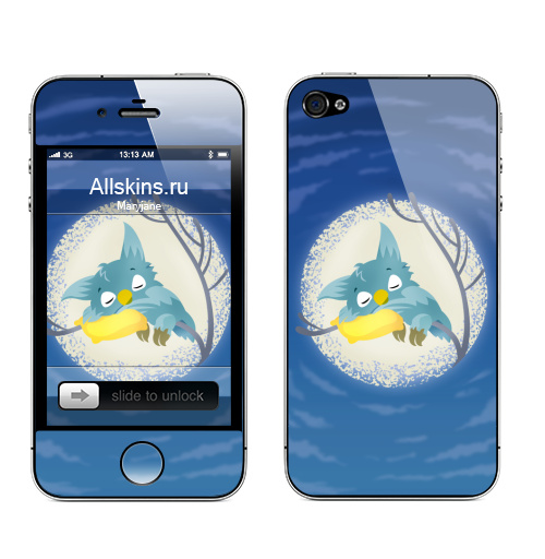 Наклейка на Телефон Apple iPhone 4S, 4 Спящая сова,  купить в Москве – интернет-магазин Allskins, небо, лес, персонажи, синий, звезда, луна, ночь, сова, птицы