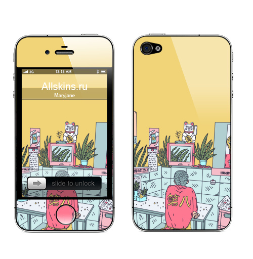 Наклейка на Телефон Apple iPhone 4S, 4 Азиатская закусочная,  купить в Москве – интернет-магазин Allskins, азия, Китай, розовый, лес, мальчик, желтый, телевизор, неон, закусочная