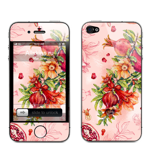 Наклейка на Телефон Apple iPhone 4S, 4 Гранат. Ботаническая акварель,  купить в Москве – интернет-магазин Allskins, акварель, любимой, красный, красота, романтика, гранаты, гранат, фрукты