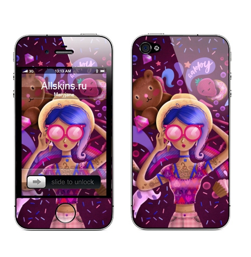 Наклейка на Телефон Apple iPhone 4S, 4 Сладкий,  купить в Москве – интернет-магазин Allskins, сладости, татуировки, вкусный, мило, очки, девушка, розовый