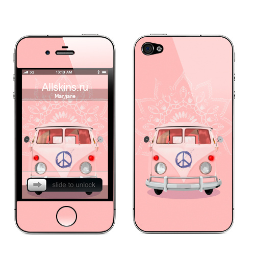Наклейка на Телефон Apple iPhone 4S, 4 Розовый Хиппи Автобус,  купить в Москве – интернет-магазин Allskins, автомобиль, автобус, хиппи, винтаж, ретро, Фольксваген, фольцваген, розовый, бохо