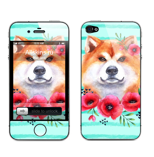 Наклейка на Телефон Apple iPhone 4S, 4 Акита и маки,  купить в Москве – интернет-магазин Allskins, крутые животные, собаки, рыжая, акварель, мак, цветы, красный, акита