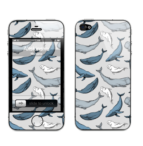 Наклейка на Телефон Apple iPhone 4S, 4 Киты повсюду,  купить в Москве – интернет-магазин Allskins, вода, океаны, синий, серый, горбатый, кашалот, паттерн, морская, киты