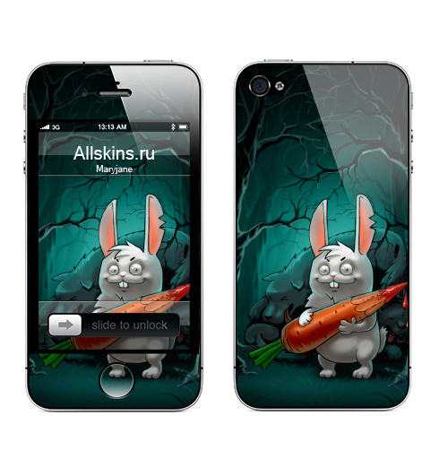 Наклейка на Телефон Apple iPhone 4S, 4 Кролик с морковкой,  купить в Москве – интернет-магазин Allskins, морковка, кролики, волк, лес, ночь, страшно, кровь