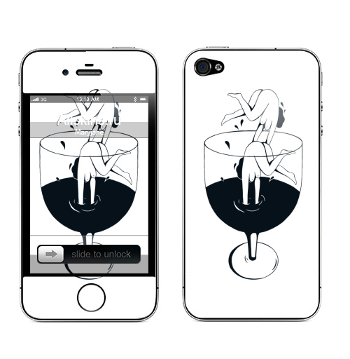 Наклейка на Телефон Apple iPhone 4S, 4 Винишко,  купить в Москве – интернет-магазин Allskins, черно-белое, девушка, графика, вино