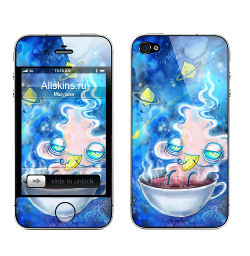 Наклейка на Телефон Apple iPhone 4S, 4 Чайная вселенная,  купить в Москве – интернет-магазин Allskins, иллюстация, акварель, кошка, чай и кофе, чайник, синий, фэнтези, магия, волшебные