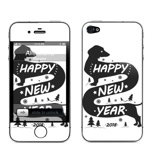 Наклейка на Телефон Apple iPhone 4S, 4 Такса новый год,  купить в Москве – интернет-магазин Allskins, собаки, символ, новый год, животные, такса, зима, снег
