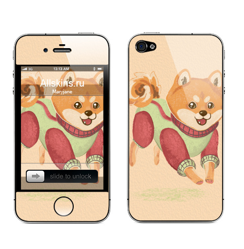 Наклейка на Телефон Apple iPhone 4S, 4 Радостный песик,  купить в Москве – интернет-магазин Allskins, собаки, рыжая, зеленый, красный, сиба, веселый