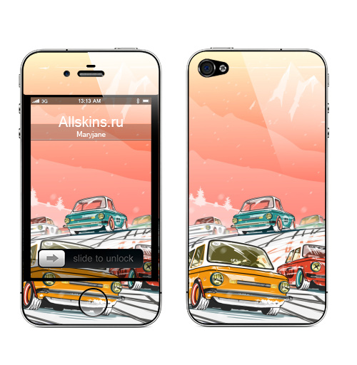Наклейка на Телефон Apple iPhone 4S, 4 Ралли винтаж зимнее утро,  купить в Москве – интернет-магазин Allskins, красный, зима, соревнования, винтаж, Запорожец, тачка, гонки, автомобиль