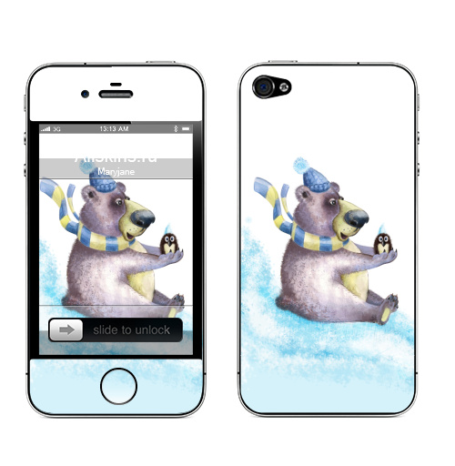 Наклейка на Телефон Apple iPhone 4S, 4 Прокатились с ветерком,  купить в Москве – интернет-магазин Allskins, медведь, зима, горка, снег, сугроб, птицы, акварель