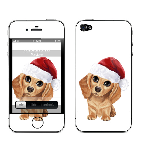 Наклейка на Телефон Apple iPhone 4S, 4 Милые поздравляшки,  купить в Москве – интернет-магазин Allskins, такса, новый год, год_собаки, дед мороз, собаки