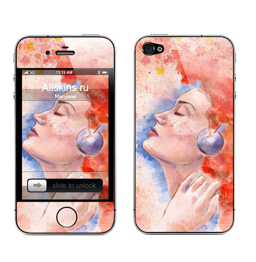 Наклейка на Телефон Apple iPhone 4S, 4 Растворяясь в музыке,  купить в Москве – интернет-магазин Allskins, девушка, рыжая, музыка, гранж, лицо