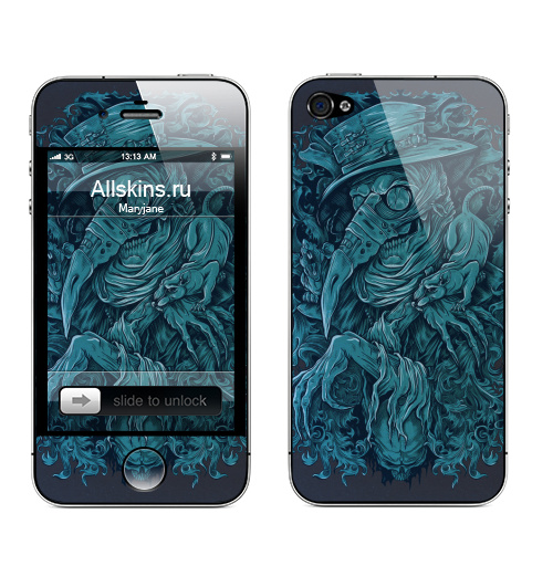 Наклейка на Телефон Apple iPhone 4S, 4 Доктор чума,  купить в Москве – интернет-магазин Allskins, череп, татуировки, ночь, чума, мужик, графика, голубой, синий