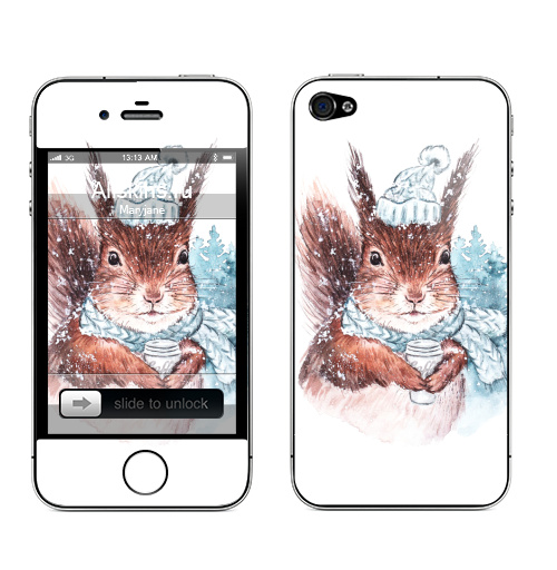 Наклейка на Телефон Apple iPhone 4S, 4 Зимняя белка,  купить в Москве – интернет-магазин Allskins, холод, мило, животные, новый год, зима, акварель, белка