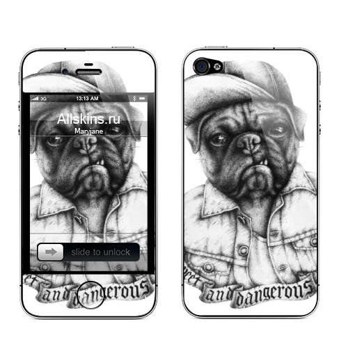 Наклейка на Телефон Apple iPhone 4S, 4 Опасный мопс,  купить в Москве – интернет-магазин Allskins, крутые животные, черное и белое, Мопс, собаки, мило, кепка, дерзкий, татуировки, оскал, черно-белое, хулиган