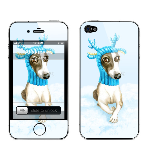 Наклейка на Телефон Apple iPhone 4S, 4 Олешек,  купить в Москве – интернет-магазин Allskins, собаки, олень, шапка, зима, мило, акварель, олешек