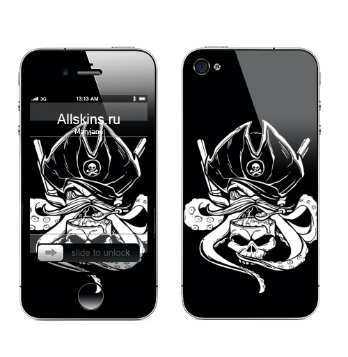 Наклейка на Телефон Apple iPhone 4S, 4 Осьминог-пират,  купить в Москве – интернет-магазин Allskins, осьминог, пират, мозг, шляпа, усы, еда, ест, оружие, графика