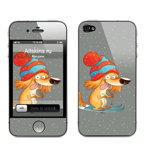 Наклейка на Телефон Apple iPhone 4S, 4 Снежный Бобик,  купить в Москве – интернет-магазин Allskins, шапка, желтый, радость, спорт, снег, лыжи, зима, собаки