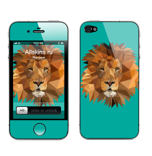 Наклейка на Телефон Apple iPhone 4S, 4 Полигональный лев,  купить в Москве – интернет-магазин Allskins, польгональгый, полигон, треугольник, геометрия, сила, подарки, смелый, музыка, мужество, мужские, головальва, сильный, животные, африка, бирюзовый, лев