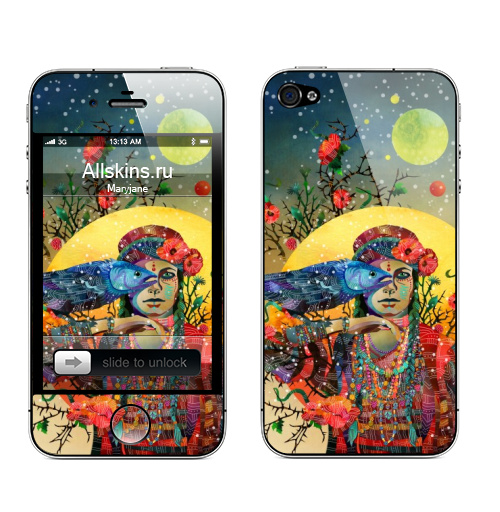 Наклейка на Телефон Apple iPhone 4S, 4 КОЛДУНЬЯ С ВОРОНОМ,  купить в Москве – интернет-магазин Allskins, ворона, девушка, деревья, рыба, солнце, луна, природа