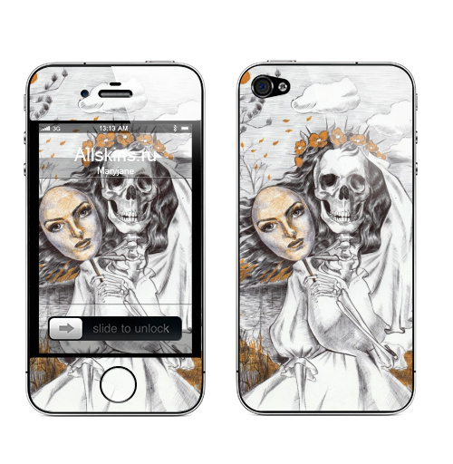 Наклейка на Телефон Apple iPhone 4S, 4 Последняя невеста,  купить в Москве – интернет-магазин Allskins, смерть, скелет, череп, невеста, маска, графика