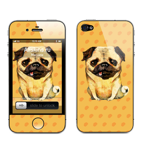 Наклейка на Телефон Apple iPhone 4S, 4 Сидящий мопс,  купить в Москве – интернет-магазин Allskins, крутые животные, домашние, коричневый, бежевый, мультфильмы, животные, графика, акварель, Мопс, собаки, милые животные