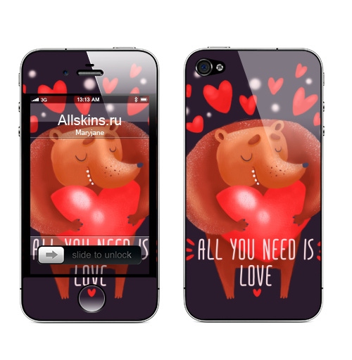 Наклейка на Телефон Apple iPhone 4S, 4 Медвежья Нежность,  купить в Москве – интернет-магазин Allskins, крутые животные, розовый, красный, влюблённым, нежно, сердце, любовь, медведь, 14 февраля, милые животные