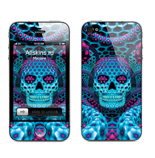 Наклейка на Телефон Apple iPhone 4S, 4 Бдд - циан,  купить в Москве – интернет-магазин Allskins, череп, волшебные, магия, кислотная, фракталы, узор, галлюцинации, психоделичный, психоделика