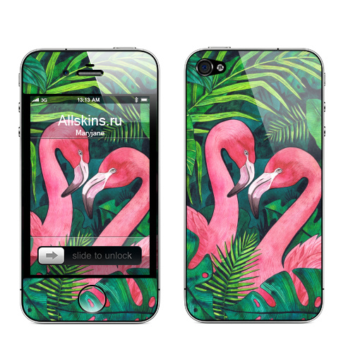 Наклейка на Телефон Apple iPhone 4S, 4 Тропические Фламинго,  купить в Москве – интернет-магазин Allskins, розовый, фламинго, птицы, тропики, фауна, акварель, лето, зеленый, 14 февраля