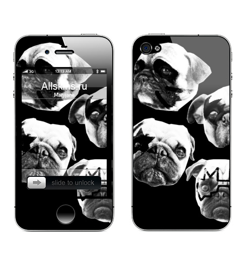 Наклейка на Телефон Apple iPhone 4S, 4 Мопсс,  купить в Москве – интернет-магазин Allskins, крутые животные, животные, Мопс, собаки, группа, музыка, милые животные, рокнролл