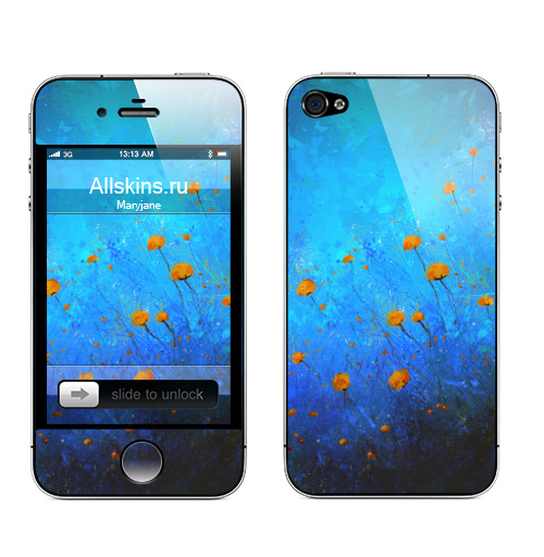 Наклейка на Телефон Apple iPhone 4S, 4 Декоративненько,  купить в Москве – интернет-магазин Allskins, цветы, живопись, абстракция, ораньжевый, синий, лес, брызги