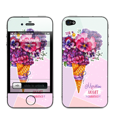 Наклейка на Телефон Apple iPhone 4S, 4 Цветочный рожок,  купить в Москве – интернет-магазин Allskins, надписи, анютыглазки, букет, цветокакварель, цветы, фиалки, гортензия, мороженоерожок, мороженое, акварель