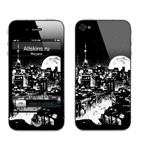 Наклейка на Телефон Apple iPhone 4S, 4 Ночной город под луной,  купить в Москве – интернет-магазин Allskins, черно-белое, графика, небо, черный, черное и белое, город, ночь, луна