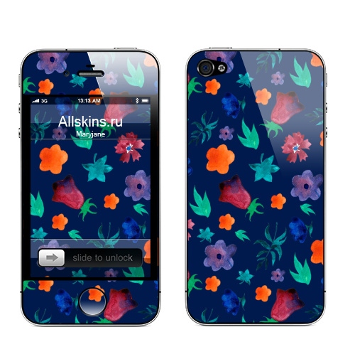 Наклейка на Телефон Apple iPhone 4S, 4 Акварельный ситец,  купить в Москве – интернет-магазин Allskins, цветы, акварель, узор, паттерн, листья, бутон, текстура