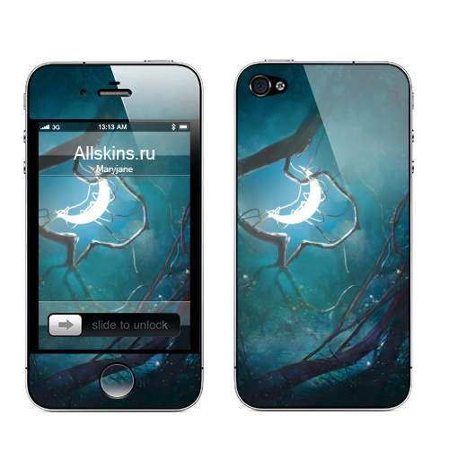 Наклейка на Телефон Apple iPhone 4S, 4 Ночная фантазия,  купить в Москве – интернет-магазин Allskins, фантазия, деревья, иллюстация, ночь, лес, месяц, солнце, концепт