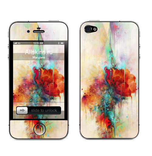 Наклейка на Телефон Apple iPhone 4S, 4 Абстракция акварельная,  купить в Москве – интернет-магазин Allskins, мак, акварель, фантазия, цветы, цвет, брызги, клякса, весна, рисунки