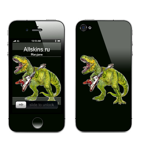 Наклейка на Телефон Apple iPhone 4S, 4 Хэви метал динозавр,  купить в Москве – интернет-магазин Allskins, rock, металл, музыка, музыкант, гитара, гитарист, динозавры