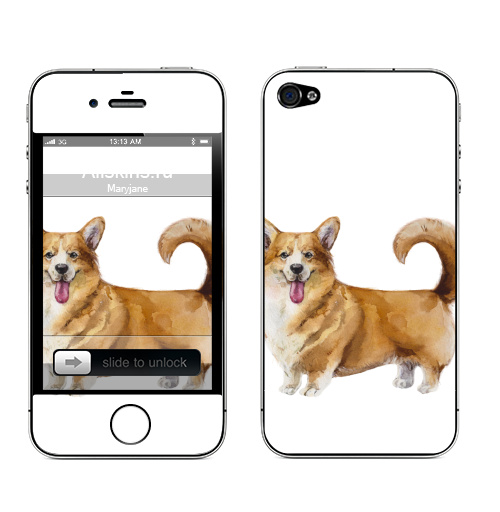 Наклейка на Телефон Apple iPhone 4S, 4 Акварельный корги,  купить в Москве – интернет-магазин Allskins, корги, акварель, животные, собаки, символ_нового_года, мило, зверушки, рыжии