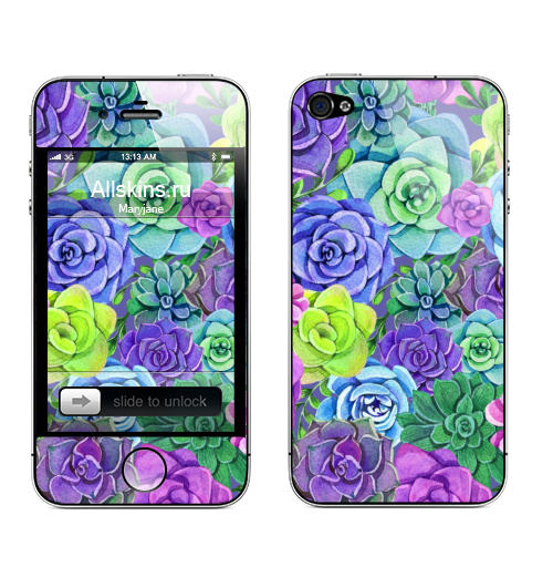 Наклейка на Телефон Apple iPhone 4S, 4 Акварельные суккуленты,  купить в Москве – интернет-магазин Allskins, суккулент, суккуленты, акварель, цветы, разноцветное, цвет
