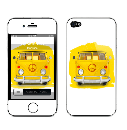 Наклейка на Телефон Apple iPhone 4S, 4 Солнечный автобус,  купить в Москве – интернет-магазин Allskins, желтый, автобус, автомобиль, транспорт, хиппи, гранж, ретро