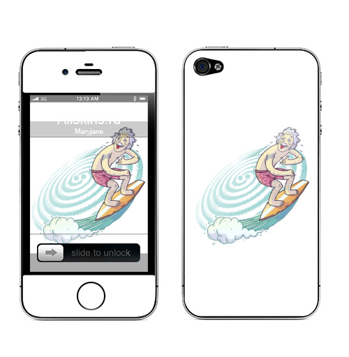 Наклейка на Телефон Apple iPhone 4S, 4 Эйнштейн серфит на гравитационных волнах,  купить в Москве – интернет-магазин Allskins, гравитация, морская, отдых, доска, серфер, серфинг, волны, ученый, эйнштейн, известные люди