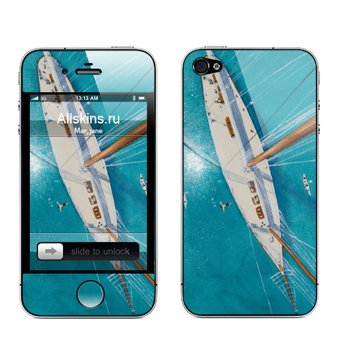 Наклейка на Телефон Apple iPhone 4S, 4 Каникулы на яхте,  купить в Москве – интернет-магазин Allskins, аникулыы, отдых, вода, бирюзовый, мачты, лазурный, белый, морская, яхта