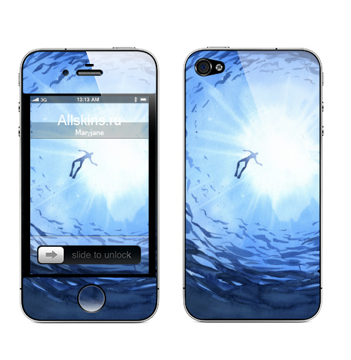 Наклейка на Телефон Apple iPhone 4S, 4 Аквалангист ныряющий в бездну,  купить в Москве – интернет-магазин Allskins, морская, лазурный, бирюзовый, вода, отдых, каникулы, акваланг, ныряльщик