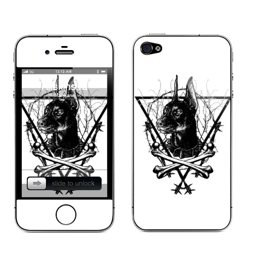 Наклейка на Телефон Apple iPhone 4S, 4 Добермэн,  купить в Москве – интернет-магазин Allskins, черно-белое, татуировки, животные, графика, собаки, кости