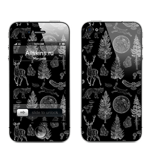 Наклейка на Телефон Apple iPhone 4S, 4 Лесная магия,  купить в Москве – интернет-магазин Allskins, волшебные, магия, кристалл, сова, олень, паттерн, гравюра, точки, ветви, деревья, животные, луна, графика, черный, готический, готика, природа, ель, ночь, лес