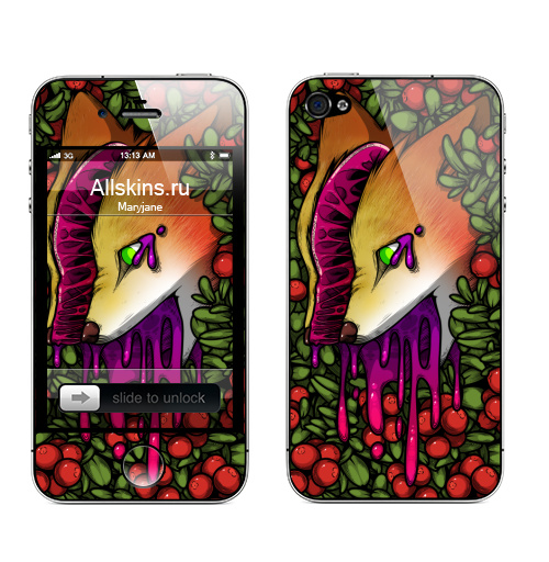 Наклейка на Телефон Apple iPhone 4S, 4 Клюква,  купить в Москве – интернет-магазин Allskins, лиса, клюква, ягоды