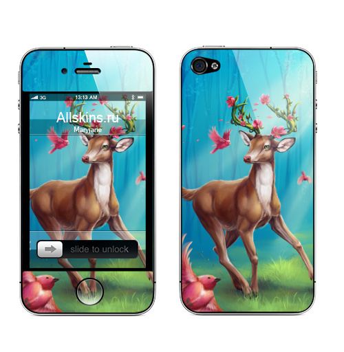 Наклейка на Телефон Apple iPhone 4S, 4 Весенний олень с розовыми птицами и цветущими рогами,  купить в Москве – интернет-магазин Allskins, весна, олень, цветы, птицы, розовый, голубой